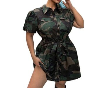 SHEIN Green Camo Belted Shirt Dress  XXL